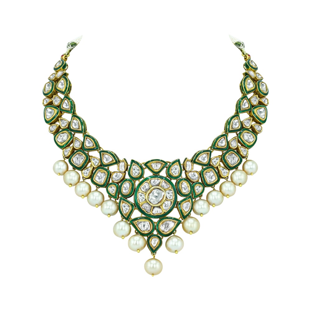 Polki Necklace with Green Enamel and Southsea Pearls
